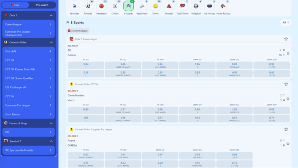 Esports betting page on Dash King 88 bookmaker with match list, markets, and odds layout