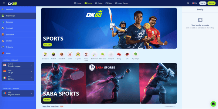 Sportsbook page on Dash King 88 with event list, betting markets, and bet slip panel